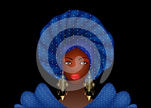 Nigerian Headtie, portrait African American woman wearing ethnic Afro turban, gold earrings. Beauty black girl in Yoruba Wedding