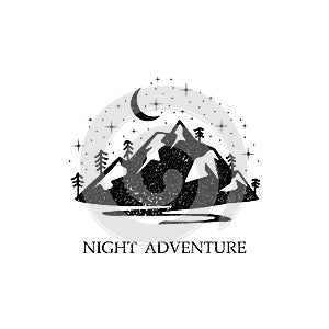 Night Adventure in the mountain, Beauty night mountain logo designs, rustic logo vector illustration
