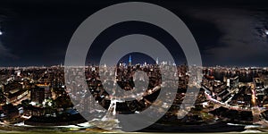 Night aerial 360 equirectangular panorama New York Manhattan USA