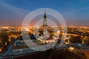 Night aerial drone view on Czestochowa and Jasna Gora monastery