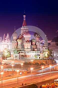 Night aerial panorama of Moscow Cathedral of Saint Basil the Blessed