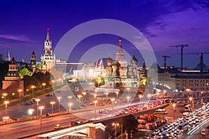 Night aerial panorama to Saint Basil Cathedral, Bolshoy Moskvoretsky Bridge and towers of Moscow Kremlin