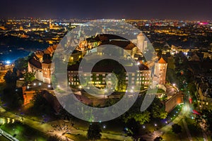 Night aerial panorama of Wawel Hill in Cracow with old most famous polish castle