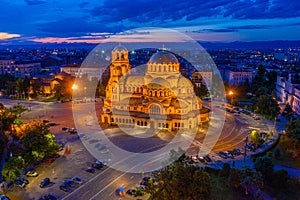 Night aerial view of Alexander Nevski cathedral in Sofia, Bulgaria