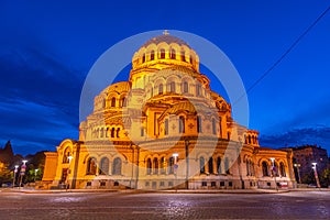 Night aerial view of Alexander Nevski cathedral in Sofia, Bulgaria