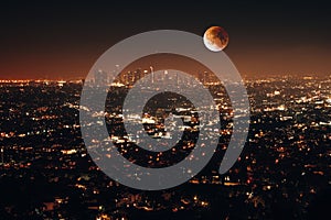 Night aerial view of city lights surrounded by buildings with a full moon in Los Angeles, USA