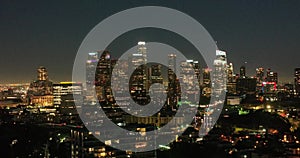 Night aerial view of downtown Los Angeles. Skyline, Financial District of Los Angeles, California. Los Angeles downtown