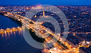 Night aerial view of historic centre of Bordeaux.