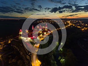 Night Aerial view of Kamianets-Podilskyi Castle in Ukraine