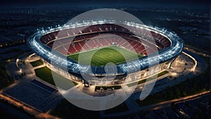 night aerial view of a large football stadium full of lights and celebrations and fireworks