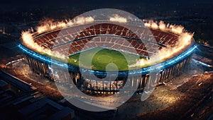 night aerial view of a large football stadium full of lights and celebrations and fireworks