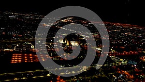 Night aerial view of Las Vegas skyline from helicopter in slow motion, Nevada - USA