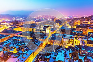 Night aerial view of Lviv, Ukraine