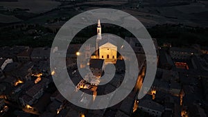 Night aerial view of Medieval Pienza Town in Tuscany, Siena Province, Italy
