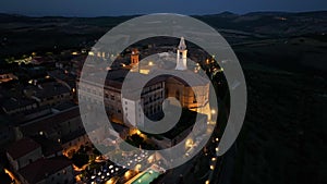 Night aerial view of Medieval Pienza Town in Tuscany, Siena Province, Italy