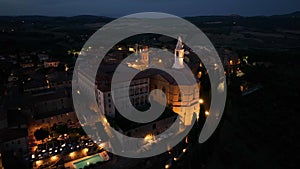 Night aerial view of Medieval Pienza Town in Tuscany, Siena Province, Italy