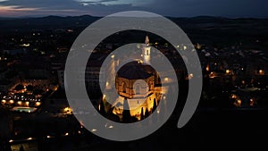 Night aerial view of Medieval Pienza Town in Tuscany, Siena Province, Italy