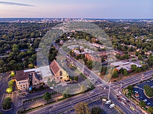 Night aerial view of Nashville intersection and skyline