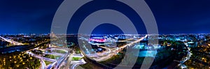 Night Aerial view panorama of a freeway intersection traffic trails in night Moscow