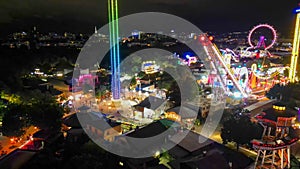 Night aerial view of Prater Amusement Park in Vienna from drone