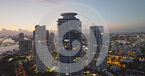 Night Aerial view of South Pointe Park. Miami Beach at dusk.Skyline Miami, buildings panorama from drone at dawn. Miami