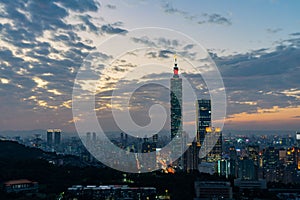 Night aerial view of the Taipei 101 and cityscape from Xiangshan