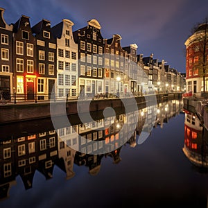 night amsterdam houses reflection in canal