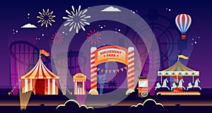 Night amusement park vector illustration. Carousels, circus, fair in park. Carnival, festival and entertainment themes photo