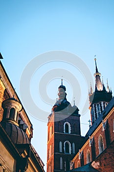 Night Architecture. travel and tourism concept, Poland Bazylika Mariacka. Krakow, Poland. vertical photo