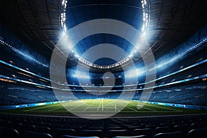 Night arena spectacle Soccer stadium illuminated with vibrant lights, 3D rendering