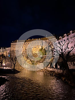 Night atmosphere of Cesky Krumlov: View of the illuminated castle.