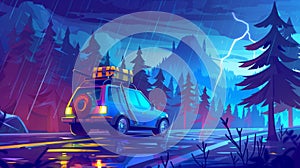 In the night, an auto with luggage on top drives on a road in the rain. There is a forest landscape with coniferous