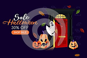Night background with closed door, ghost, bats, pumpkin lanterns. Vector illustration. Halloween holiday poster, banner