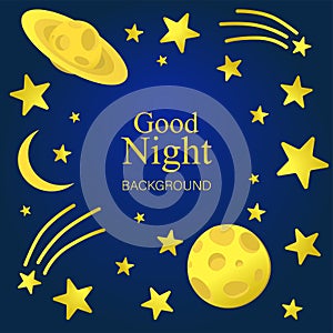 Night background, Saturn, Moon, comet and shining stars on dark blue sky, vector illustration. Good night concept.