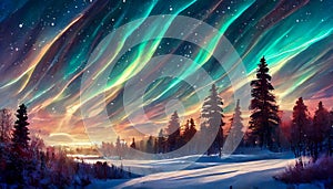 a night background sky winter landscape light snow forest stars beautiful wilderness horizon astronomy polar aurora borealis north