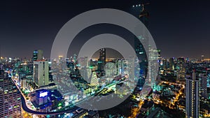 Night bangkok downtown silom roof top panorama 4k time lapse thailand