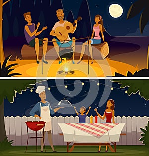 Night Barbecue Party Cartoon Retro Banners