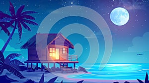 At night, beach bungalow or beach hut on tropical island, summer shack with glow window under full moon starry sky