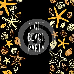 Night beach party poster with different shells and starfishes