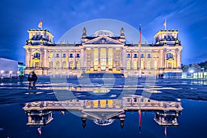 Night in Berlin, The Reichstag building or Deutscher Bundestag in Berlin, Germany