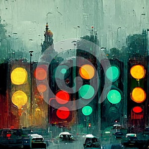 Night bokeh light in big city, abstract blur defocused background. Traffic lights