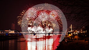 Night bridge and firework