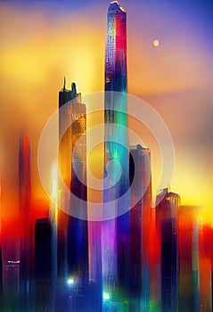 Night bright modern landscape with colorful sky. Multicolored metropolis with skyscrapers. Digital illustration. AI