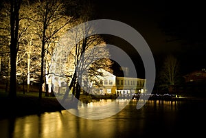 Night buildings and river