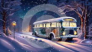 The night bus in a snowy winter scene with copy space