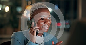 Night, business or black woman on a phone call speaking, networking or talking in office. Computer, mobile communication