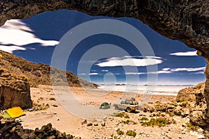 Night camp stars Salar De Uyuni salt desert Bolivia.