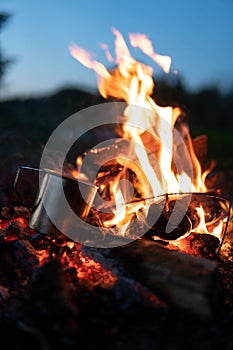 Night campfire in the winter forest. Sparks from fire