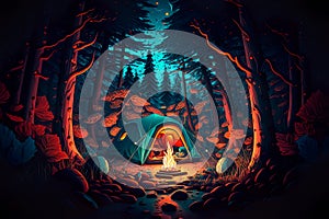 Night camping in the deep forest with a tent with a fire Generative AI