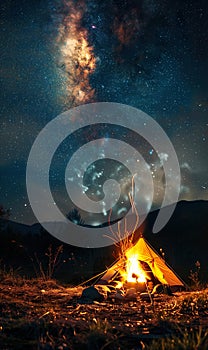 night camping with fireplace and tent, fire at campsite at night, travel and tourism concept